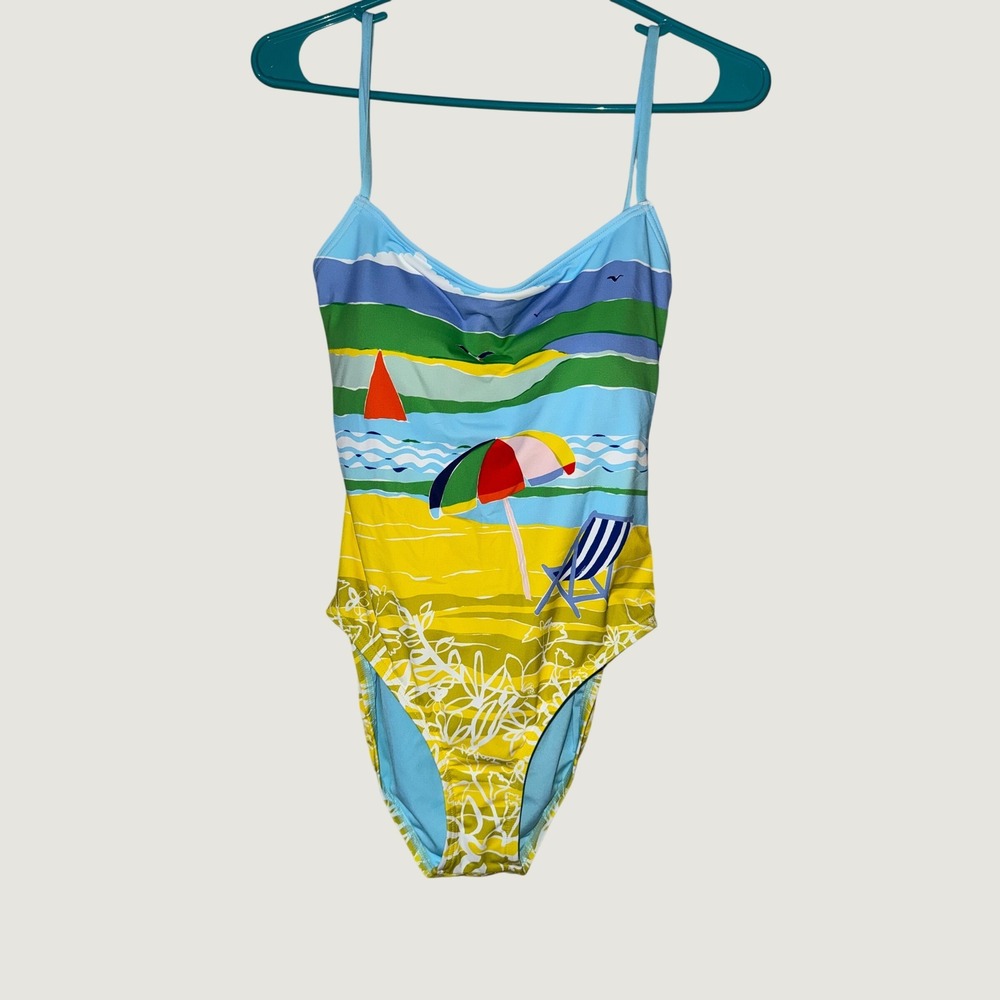 Kate Spade New York Beach Scene Tie Back One Piece Swimsuit Multi S6D539 Medium - Picture 1 of 7